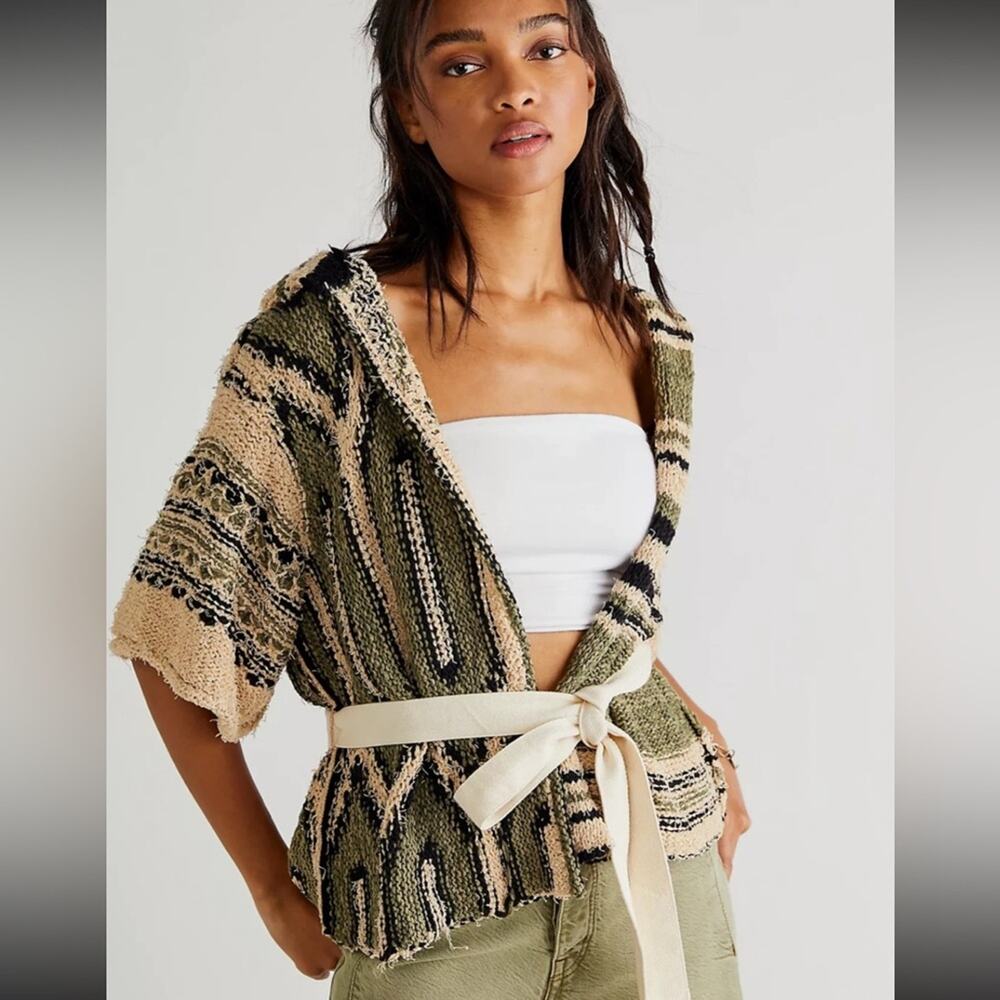 Free People Desert Palm Wrap Hooded Knit Sweater XL Boho Green Cream